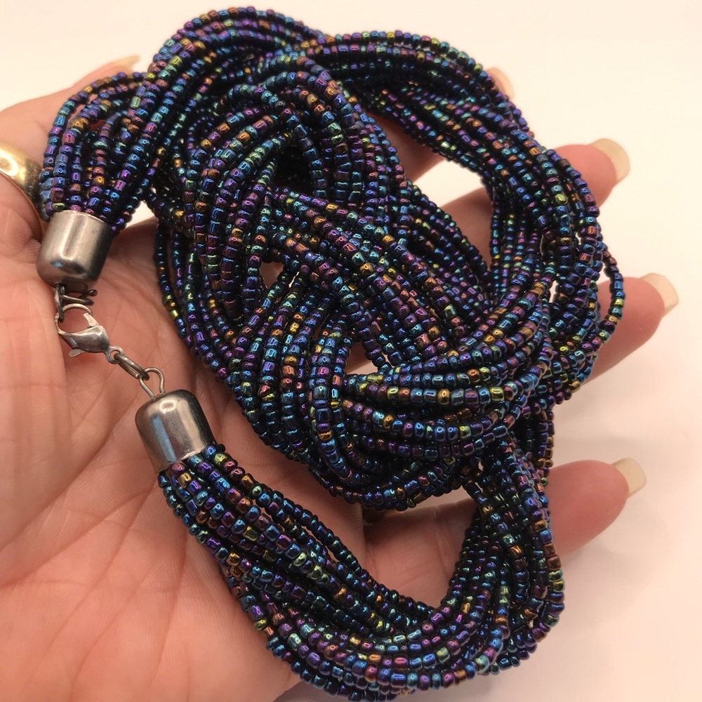 Multi-Strand Peacock Colored Seed Bead Braided Statement Necklace - Picture 7 of 7